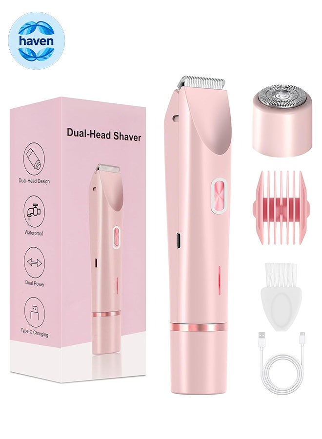 HAVEN 2-in-1 Trimmer & Facial Hair Remover for Women, Double Head Dual Purpose, Wet & Dry Use, Rechargeable Lady Shaver for Face, Upper Lip, Bikini Area & Body - Pink - Image 1